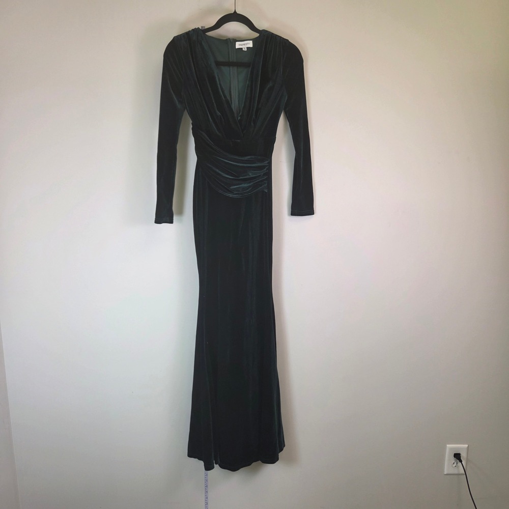 Faeriesty Emerald Green Velvet Maxi Dress Long Sleeve V-Neck Ruched Gown XS